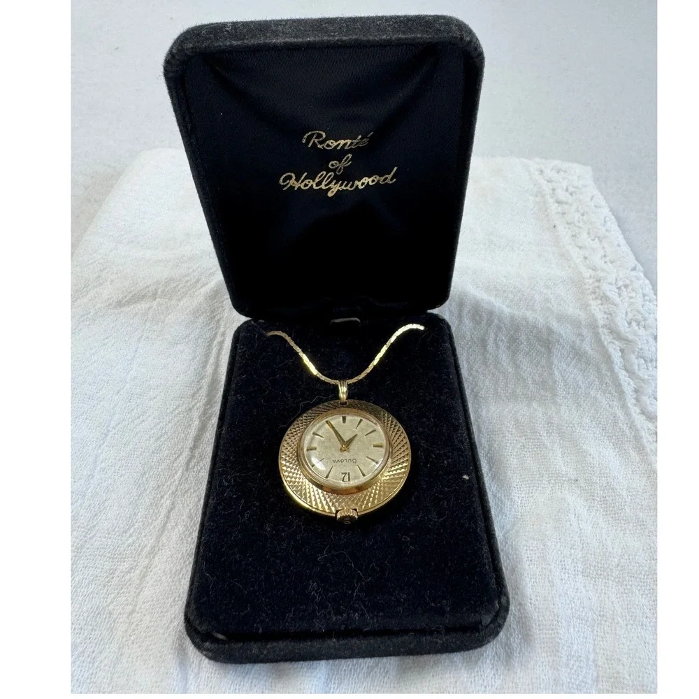 Vintage Bulova Womens OS Pendant Watch Necklace Gold Textured Bezel Swiss Made